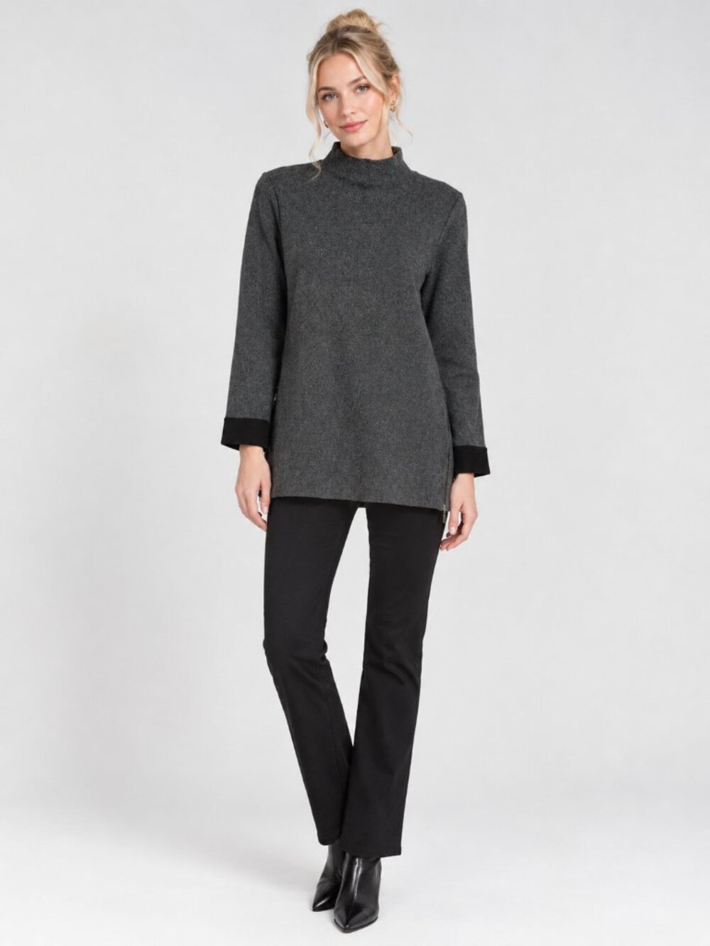 2/$30 TAHARI Side-Zip Mock Neck Sweater Charcoal Medium #A4288
